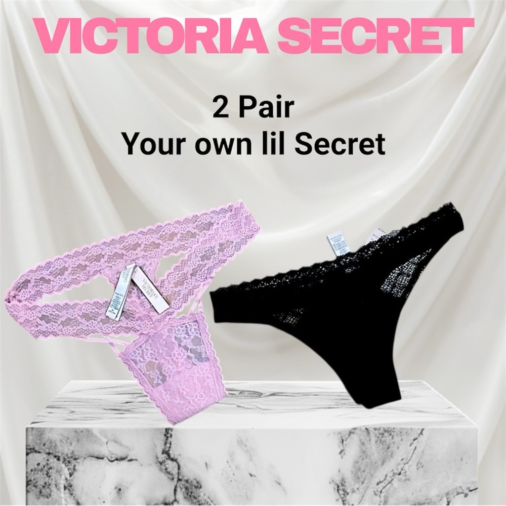 NWT VICTORIA SECRET Sexy Lace Thong String 2 pairs SZ:M 1 pink 1 black Fun CUTE